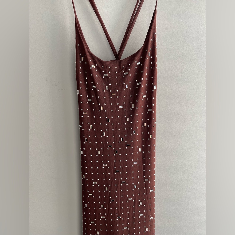 Chic Brown Backless Dress with Embellishments
